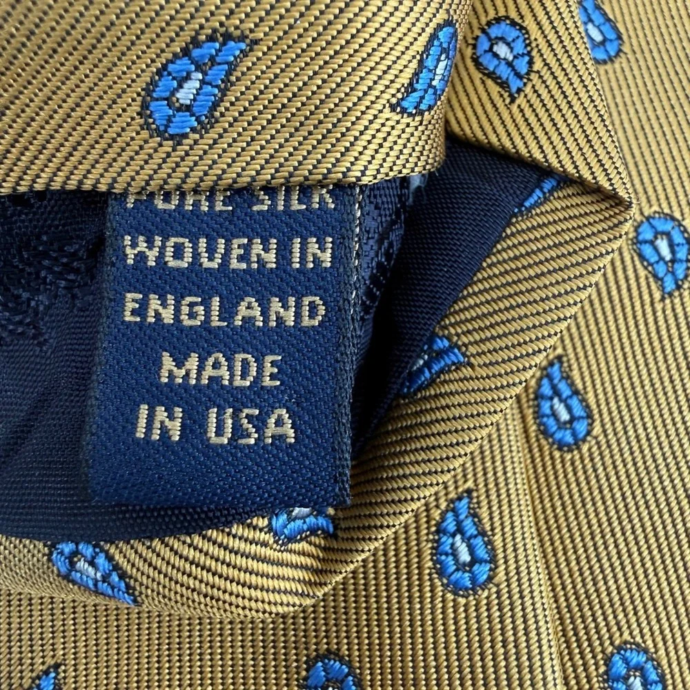 Brooks Brothers Mustard‎ Gold Paisley Silk Tie Blue Teardrop Stain Resistant USA